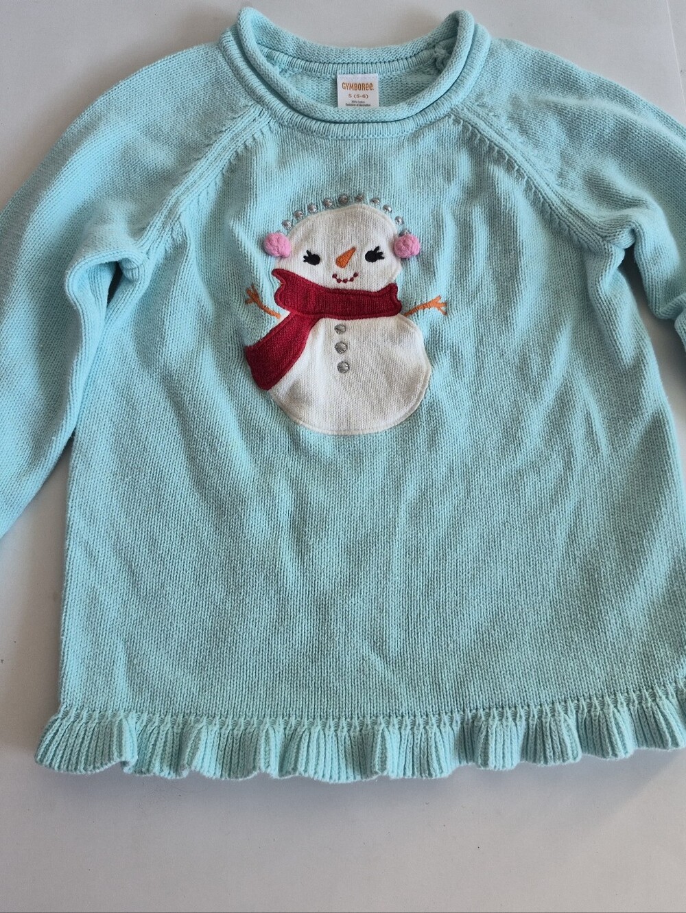 Light Blue Winter Embroidery Snowman Pullover Sweater Red Scarf 5-6t Gymboree